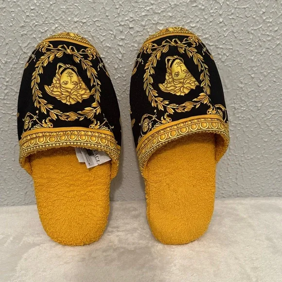 Versace Baroque Unisex Women's/Men’s Slippers in Black & Yellow,Medusa Head Logo - Picture 3 of 10